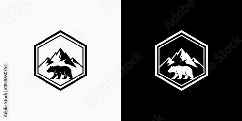 Hexagonal emblem of mountain and wild nature shape with modern, simple, clean and abstract style. An icon for business, outdoor, adventure, and personal branding.