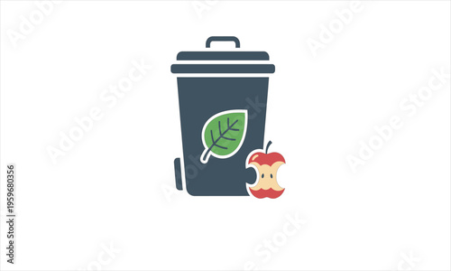 A flat icon of a dark gray compost bin featuring a green leaf symbol and an apple core, representing organic waste recycling.