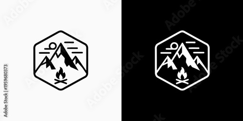 A hexagonal mountain and wilderness camping emblem with a modern, simple, clean, and abstract style. An icon for business, outdoor, adventure, and personal branding.