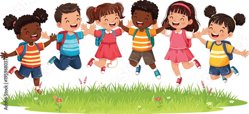 Bild auf Leinwand Cartoon Children of Diverse Ethnicities Jumping Together on Green Grass with Bac