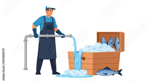 Chilling the Catch: A diligent worker cools freshly caught fish with a cascading flow of icy water, ensuring optimal preservation and freshness within a wooden crate.