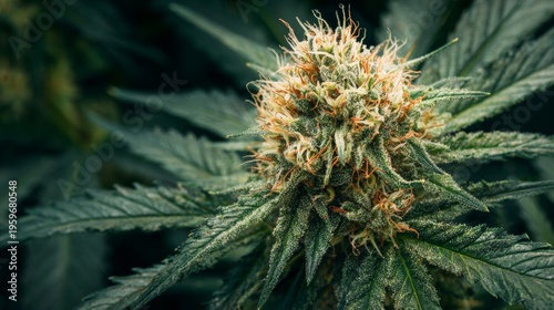 Close-Up View of Cannabis Flower with Trichomes and Green Leaves