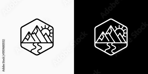 Hexagonal emblem of mountain and wild nature shape with modern, simple, clean and abstract style. An icon for business, outdoor, adventure, and personal branding.
