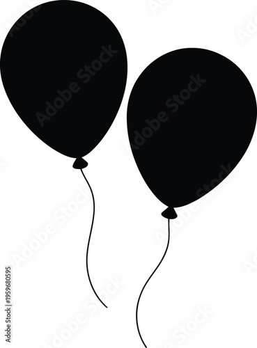 Two black balloons with strings on a white background