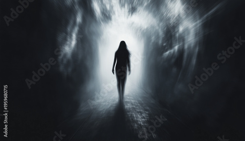 Silhouette of woman walking toward bright light in dark tunnel with dramatic contrast and motion blur