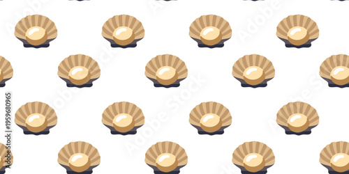 seamless cute seashell with pearl pattern on white background
