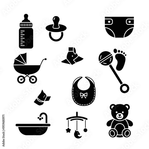 Baby care and nursery icons set.