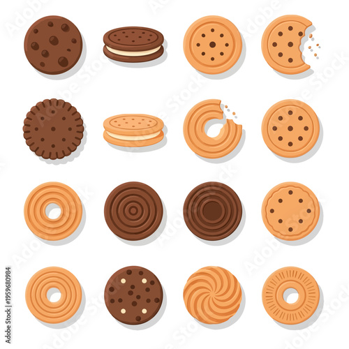 Assorted cookies on white background.
