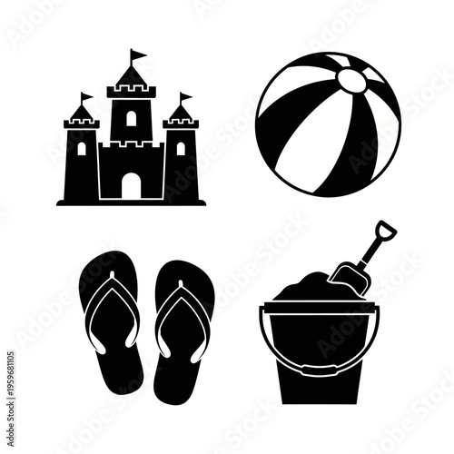 Black and white beach icons set.