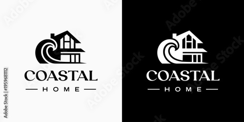 A vector logo design for a coastal house with waves in a modern, simple, clean, and abstract style. An icon for business, real estate, vacations, and personal branding.