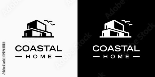 Vector logo design of a coastal house with a modern, simple, clean and abstract style. Icons for business, real estate, vacation and personal branding.