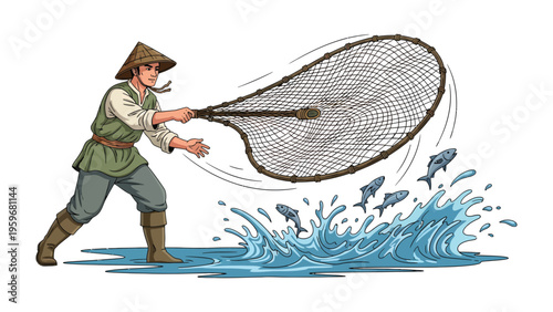 Fisherman in Action: A fisherman casts his net, his silhouette a testament to the timeless tradition of catching fish in the vastness of the water.