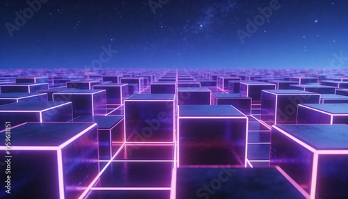 Glowing central cluster of neon-lit cubes stretching across reflective grid under starry night sky