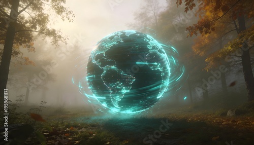 Hovering holographic globe emitting teal particle trails above mossy autumn clearing, fallen leaves