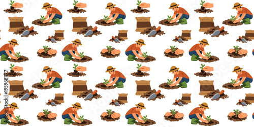 seamless cute seedling planting pattern on white background