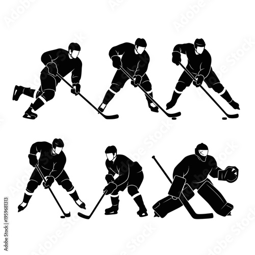 Black and white hockey players skating.