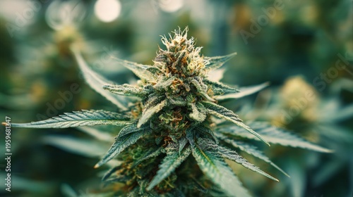 Close-Up View of Cannabis Plant with Details on Bud and Leaves