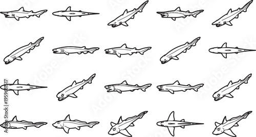 A collection of stylized depictions of sharks, swimming dynamically against an empty field.