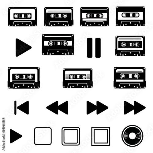 Black cassette tapes and player icons.
