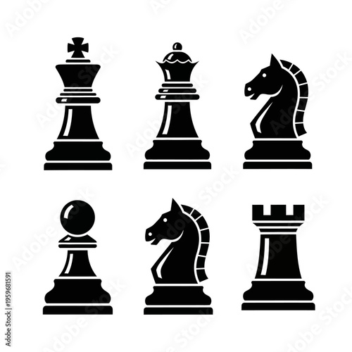 Black chess pieces on white background.