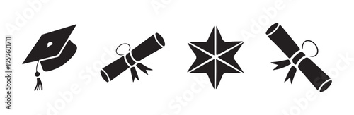 Set of tilted graduation cap diploma scroll and star shape icons for academic achievement