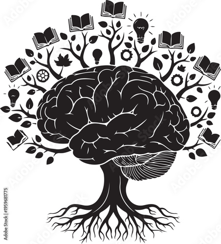 Knowledge Growth Brain Tree Silhouette