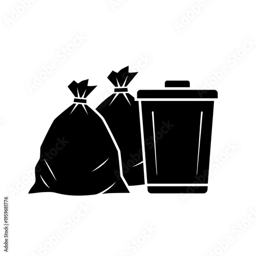 Black garbage bags and trash can.