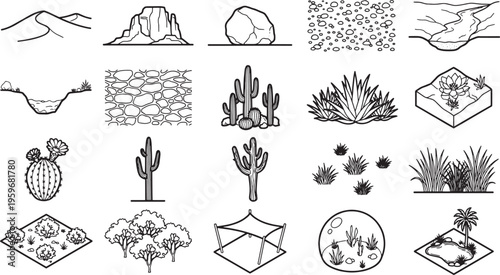 A desert landscape illustration featuring a series of drawings of desert features.