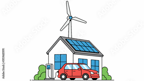 Electric car charging at eco house with solar panels and wind turbine