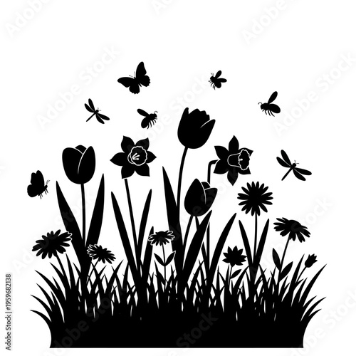 Black silhouette of flying insects flowers.