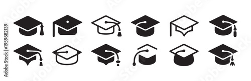 Graduation cap icons set academic hat symbols university degree signs college student badges