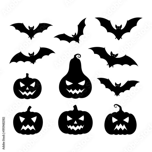 Black silhouettes of bats and jack o lanterns.