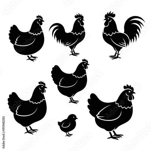 Black silhouettes of chickens and roosters.