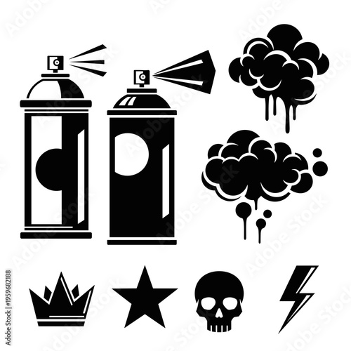 Black Silhouette Graffiti Symbols and Spray Cans