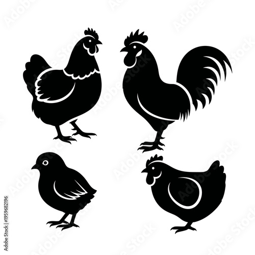 Black silhouettes of chickens and rooster.