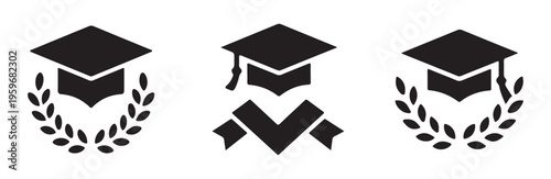 Graduation cap with laurel wreath and ribbon award icons education set