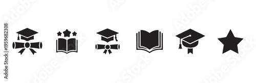 Education icons set with graduation caps diploma scrolls open books and academic star symbol