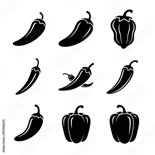Black silhouettes of various peppers.
