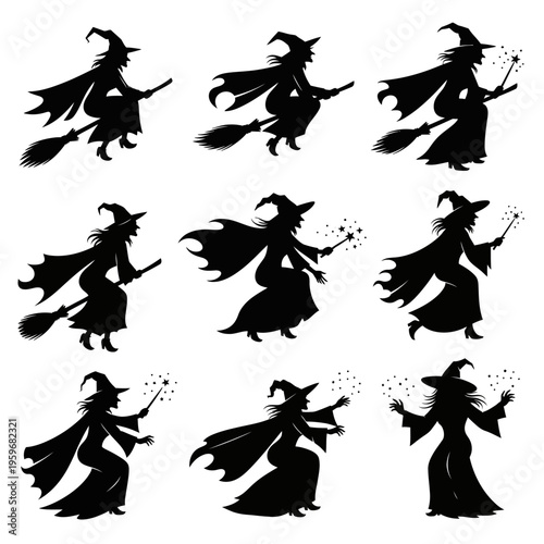 Black silhouettes of witches flying.