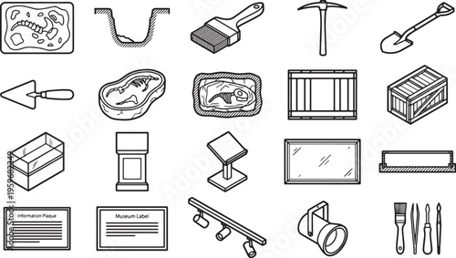 A collection of various museum tools for archaeological and exhibit displays, showcasing tools used for excavation, display, and preservation. 