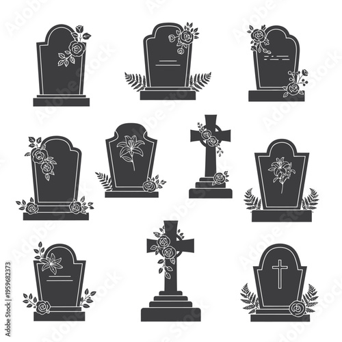 Black tombstones with floral decorations.