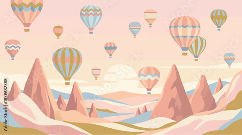 Pastel hot air balloons float over a serene landscape with unique rock formations in this dreamy illustration