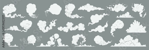 Smoke Cloud Comic Vector Set, Cartoon Dust, Smog and Steam Flow Effects, Dynamic Cloud Silhouettes for Comic Explosion, Motion and Animation Design Elements