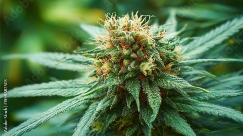 Close-Up of a Cannabis Flower with Green Leaves and Natural Texture