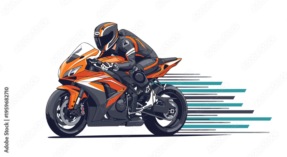 Obraz premium Dynamic Speeding Motorcycle Rider Illustration Vector with Motion Trails - Vibrant Orange Sportbike Graphic