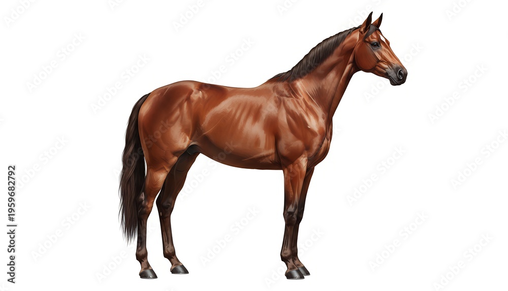 Obraz premium Beautiful brown stallion standing isolated on a white background, showcasing a majestic mare from the farm with its elegant mane and equine grace as a prime example of a livestock mammal