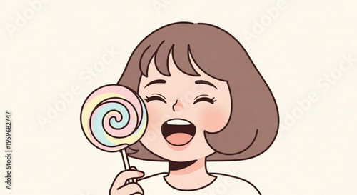 Happy cartoon girl with brown hair holding colorful lollipop smiling with eyes closed