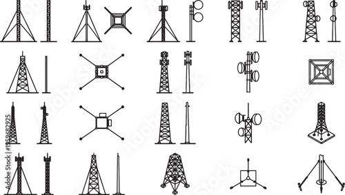 A comprehensive collection of diverse communication towers. The image showcases detailed vector illustration of various communication towers, a symbol of modern infrastructure.