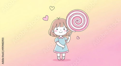 Little girl happily holding large pink lollipop with hearts around her on colorful background