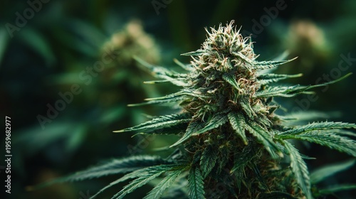 Macro View of Cannabis Plant with Green Leaves and Flower Buds